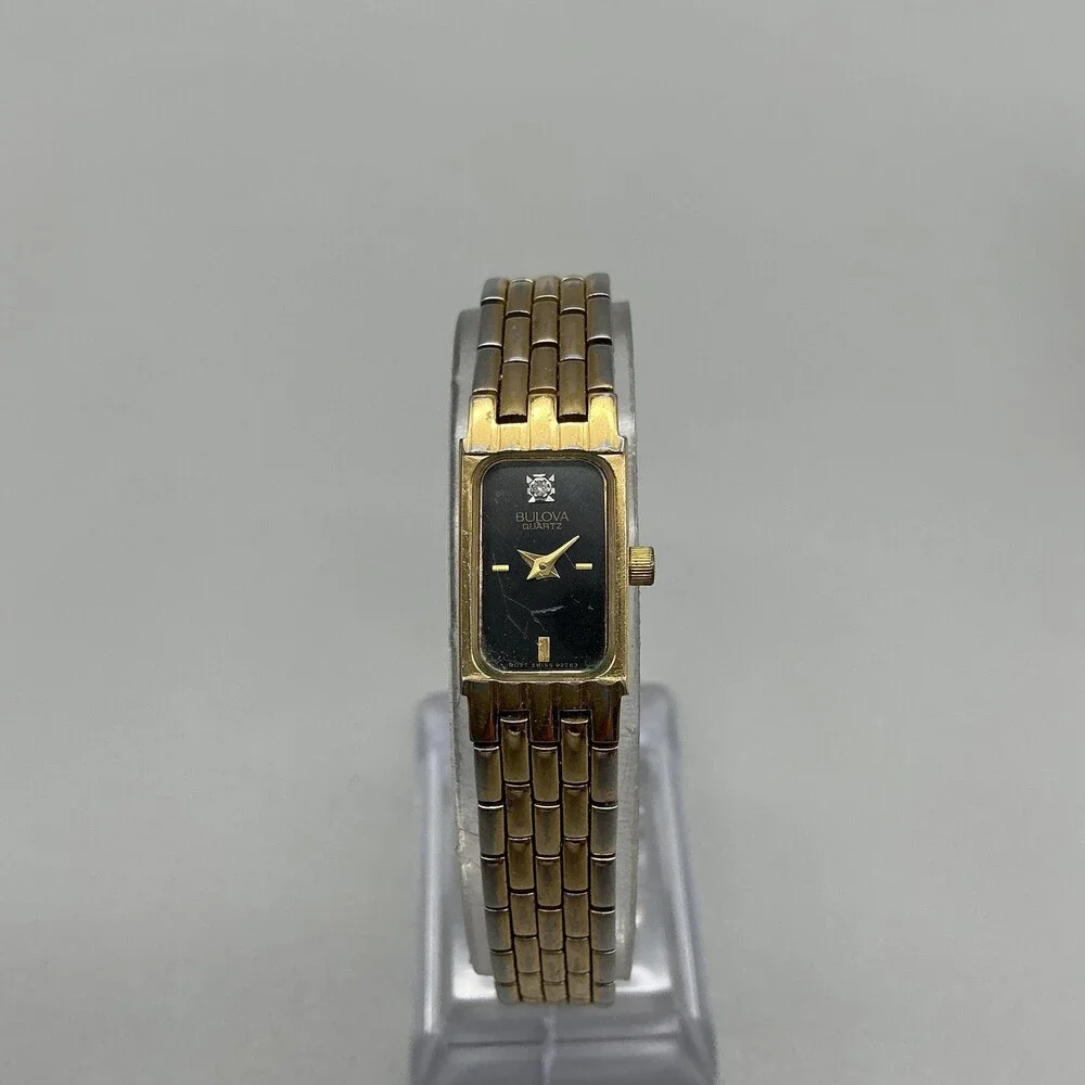 Vintage Bulova Womens Watch 12mm Black Dial Gold Tone Diamond New Battery